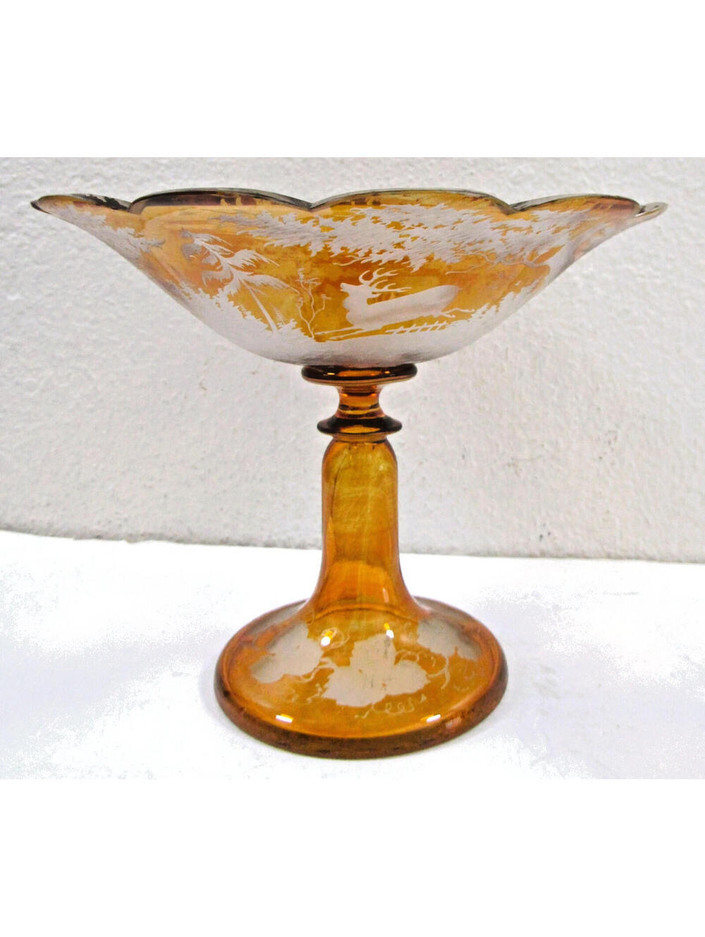 Bohemian Amber Compote Cut Crystal Engraved Country Scene of Deer 19th C.